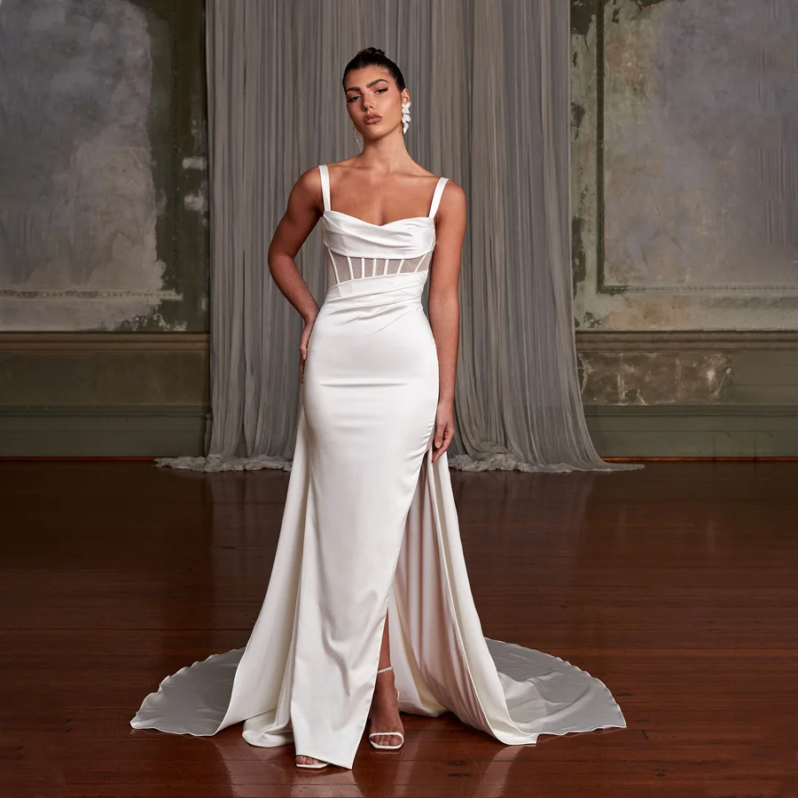 

Graceful Pleated Satin Wedding Dress with Straps Illusion Sheath Bridal Gown with Watteau Train And High-Split Design for Women