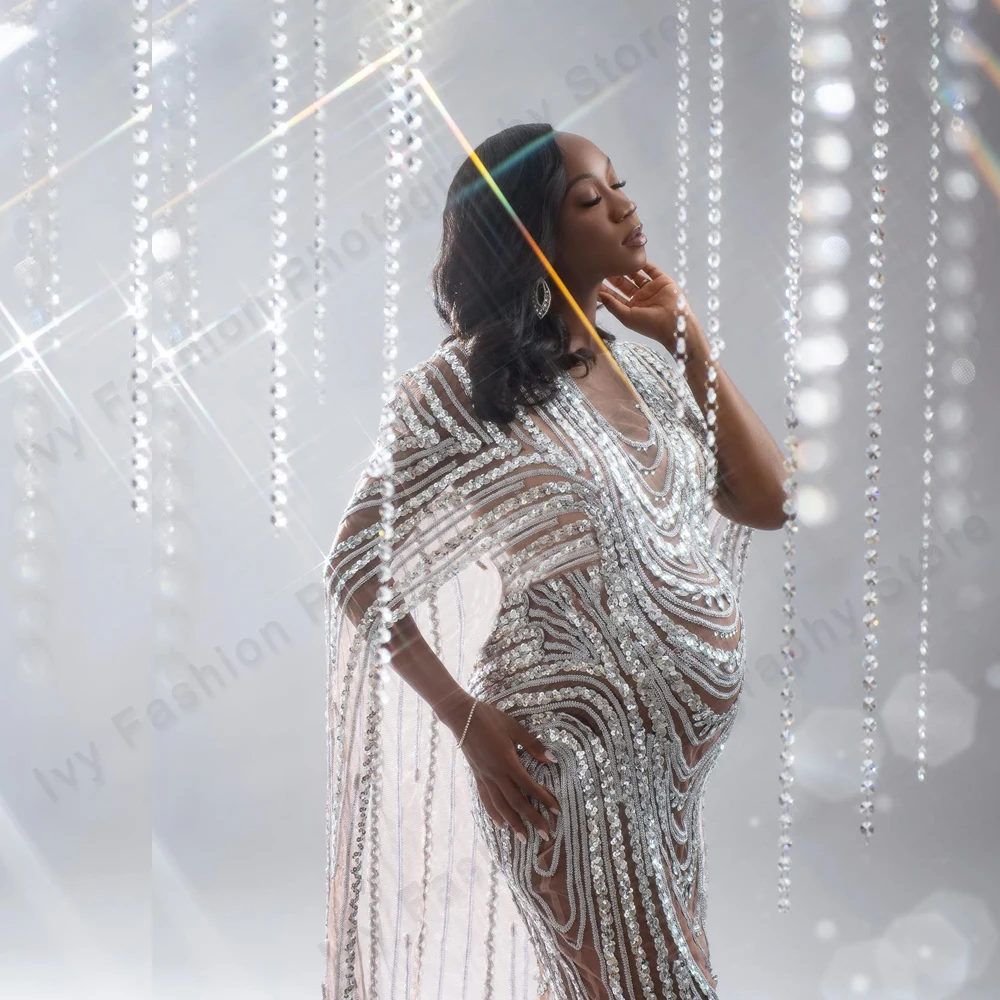 

Maternity Photography Props Dress Pregnant Woman Photo Shoot Outfit Long Dresses Sexy Goddess Shiny Rhinestone Sequins Cape