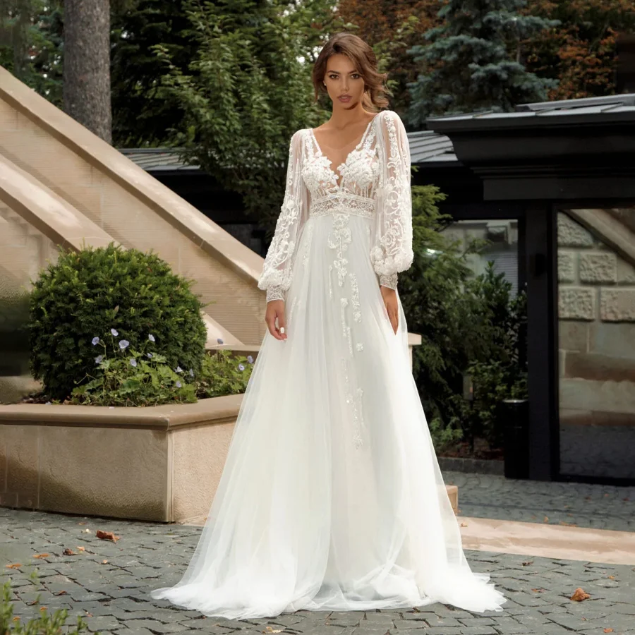 

Sensational Applique Wedding Dress with Puffy Long Sleeves Gorgeous Illusion Lace Bridal Gown Features V-neckline And Open Back