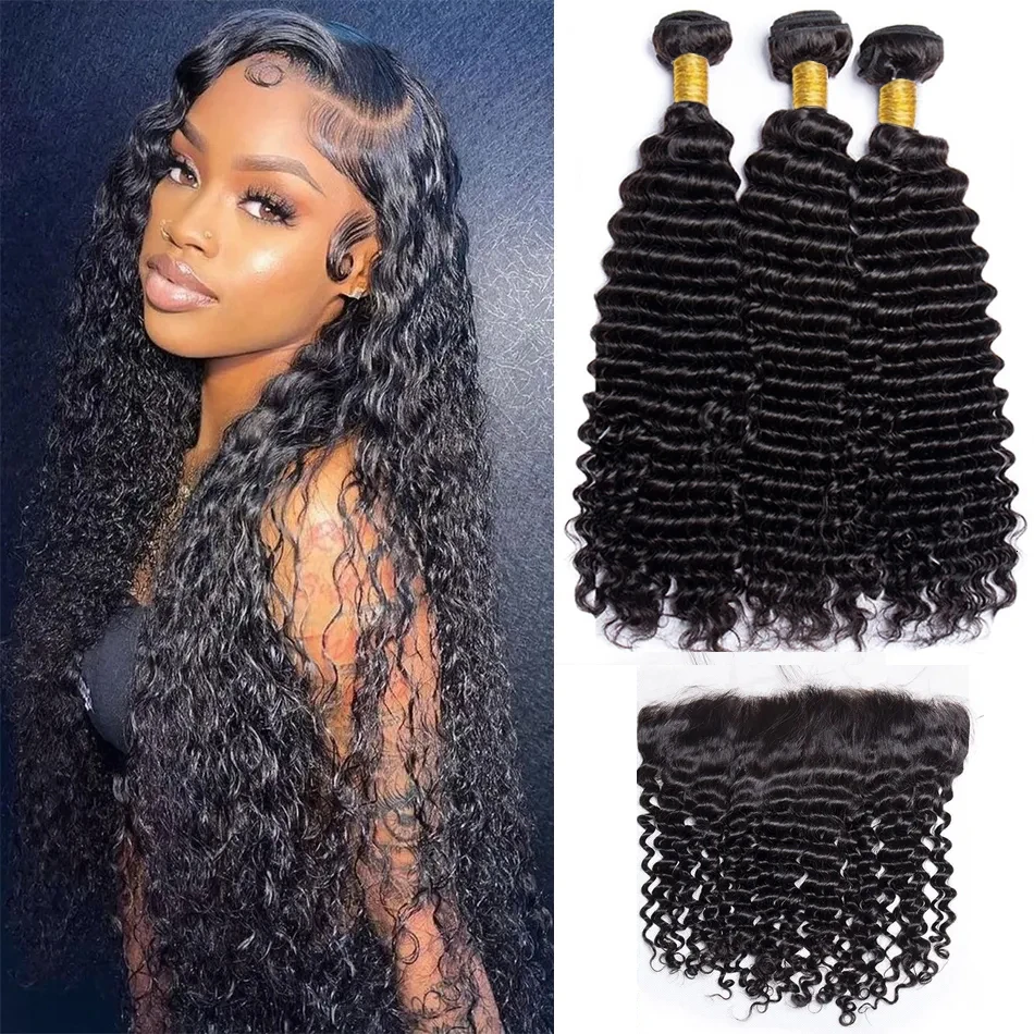 

Brazilian Deep Wave Bundles With Frontal Closure 100% Natural Virgin Human Hair 13x4 HD Transparent Lace Frontal With 3 Bundles