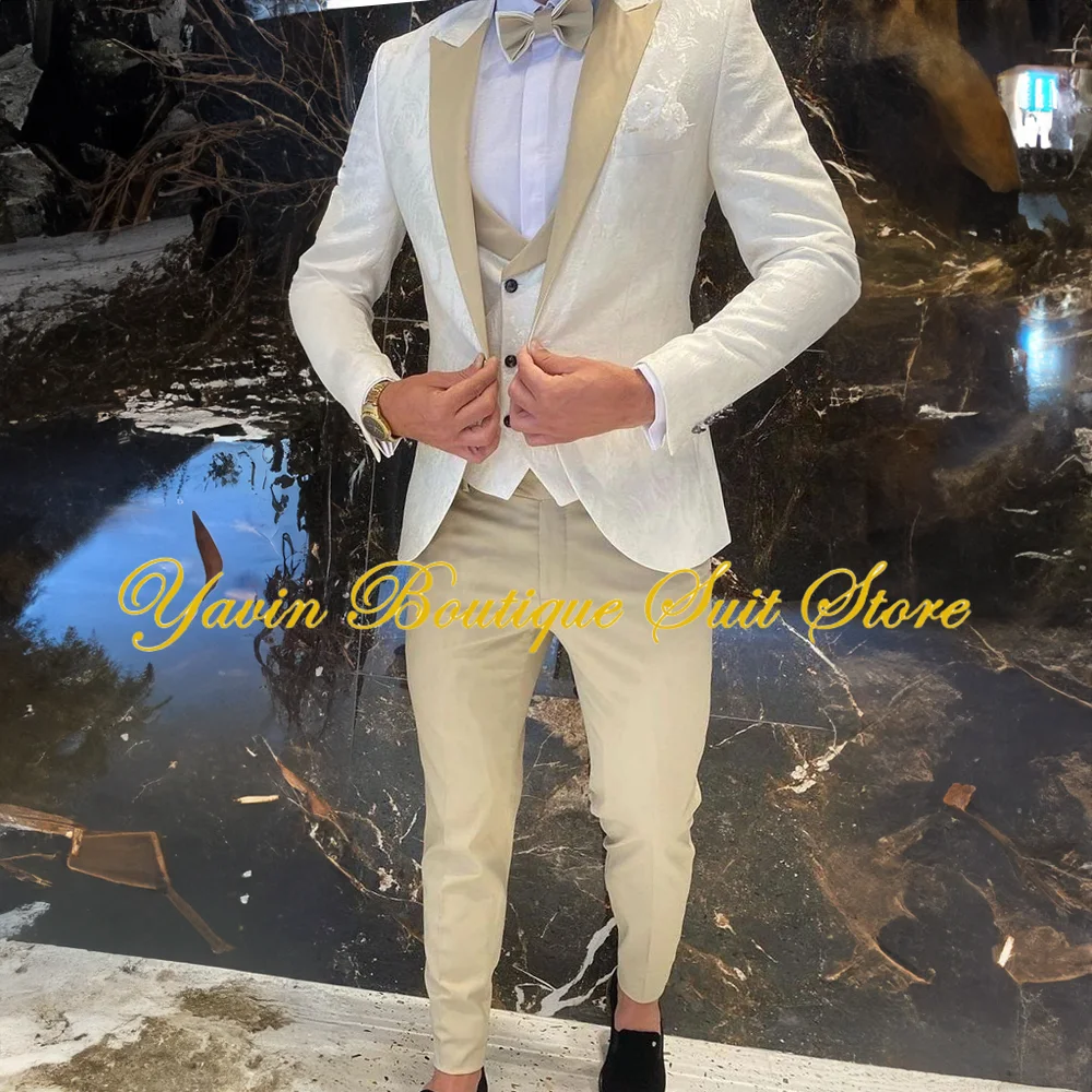 

Men Suit for Wedding Groom Tuxedos Peaked Lapel Jacquard Blazer Set Dinner Dress Costume 3 Piece Jacket Vest Pants