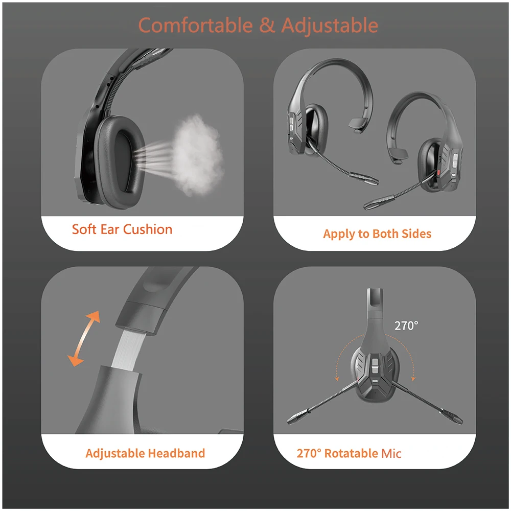 A3860118ae15b4870897c31b7a4f62454k Trucker Bluetooth Headset,Wireless Headset with Mic, Call Center Headset,Bluetooth Headsets with Dual Noise Cancelling