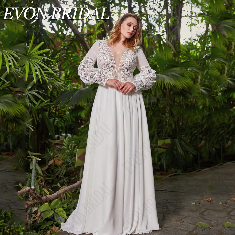 EVON BRIDAL Sexy Wedding Dresses Plus Size Long Sleeves V-Neck Bride Gowns Chiffon A-Line Lace Backless vestidos de novia
EVON BRIDAL Sexy Wedding Dresses Plus Size Long Sleeves V-Neck Bride Gowns Chiffon A-Line Lace Backless vestidos de novia