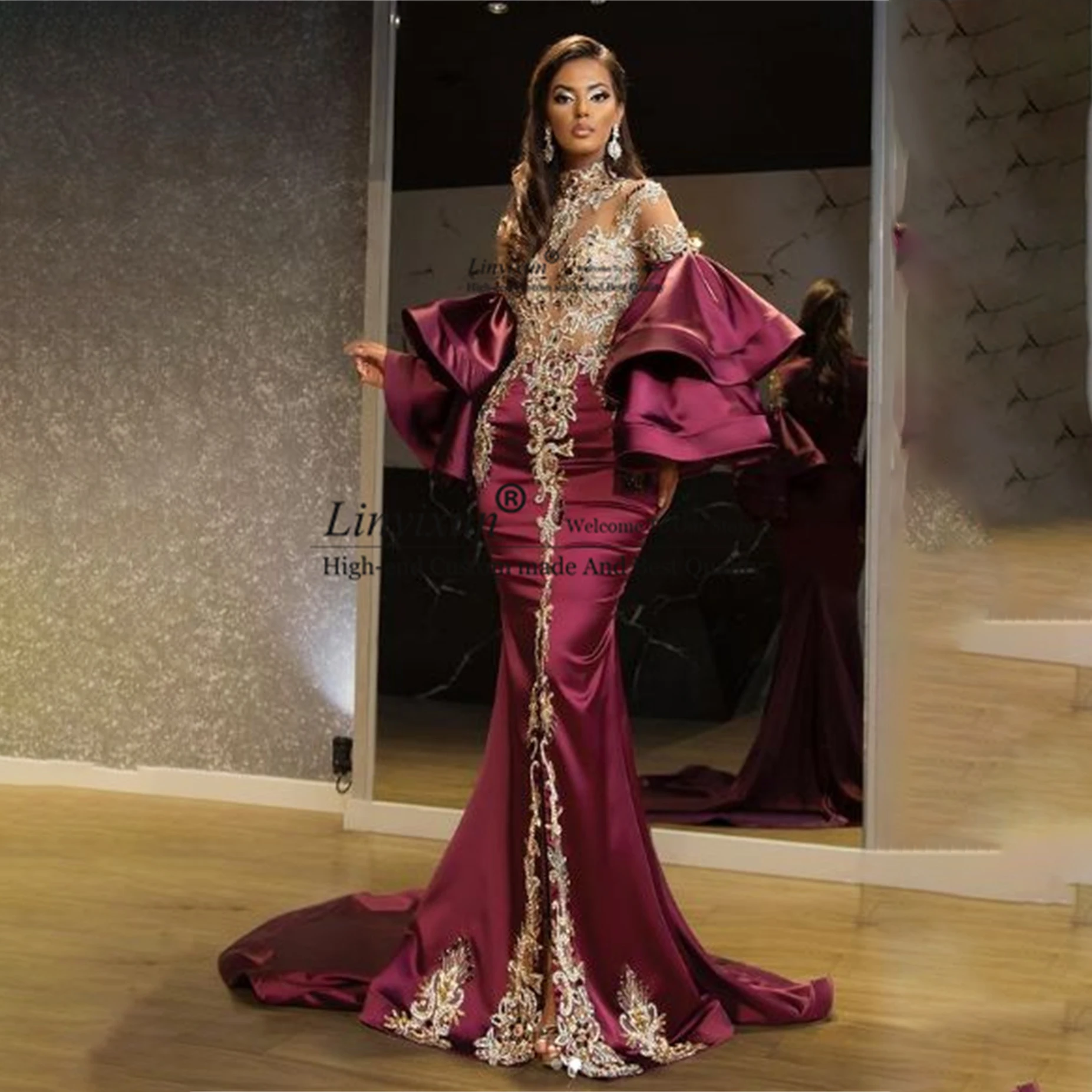 

Luxury Beaded Appliques Evening Dresses Full Sleeves Mermaid Prom Party Gowns Pruffy Sleeve Arbic Aso Ebi Long Robe De Soiree