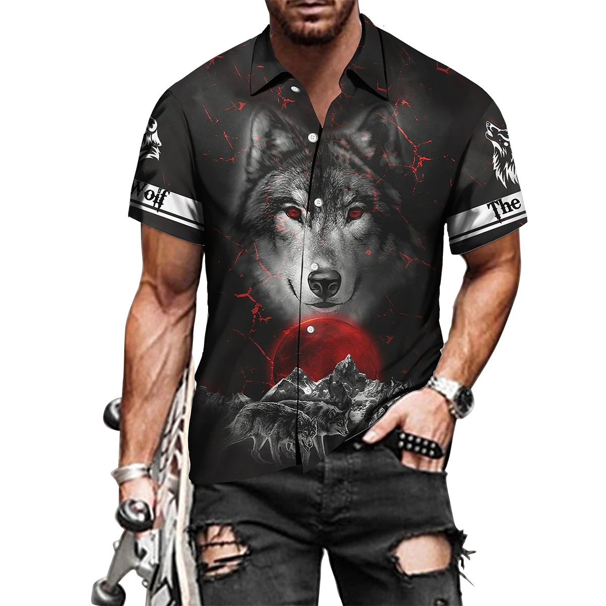 

Fashion Men Shirt Turn-down Collar Casual Shirts Cool Wolf Printed Short Sleeved Tops Mens Clothes Streetwear Cardigan Camisa