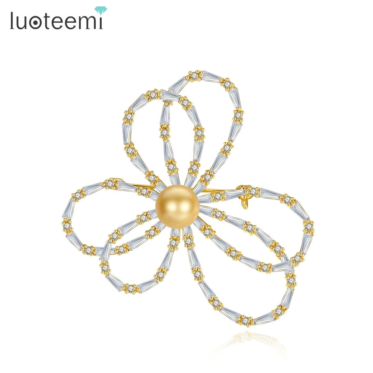 

LUOTEEMI Yellow Gray Pearls Brooch for Women Cubic Zirconia Cute Flowers Shaped Fashion Jewelry Wedding Prom Anniversary Gift