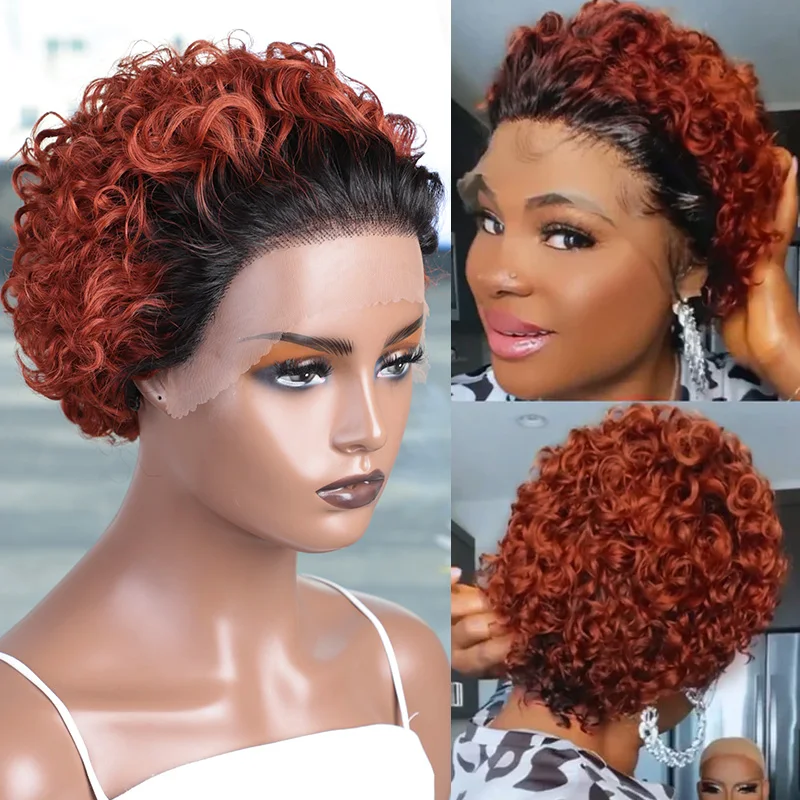 

Short Curly Bob Pixie Cut Wigs Human Hair 13×1 Transparent Lace Front Wig for Women Ombre Reddish Brown Brazilian Virgin Hair
