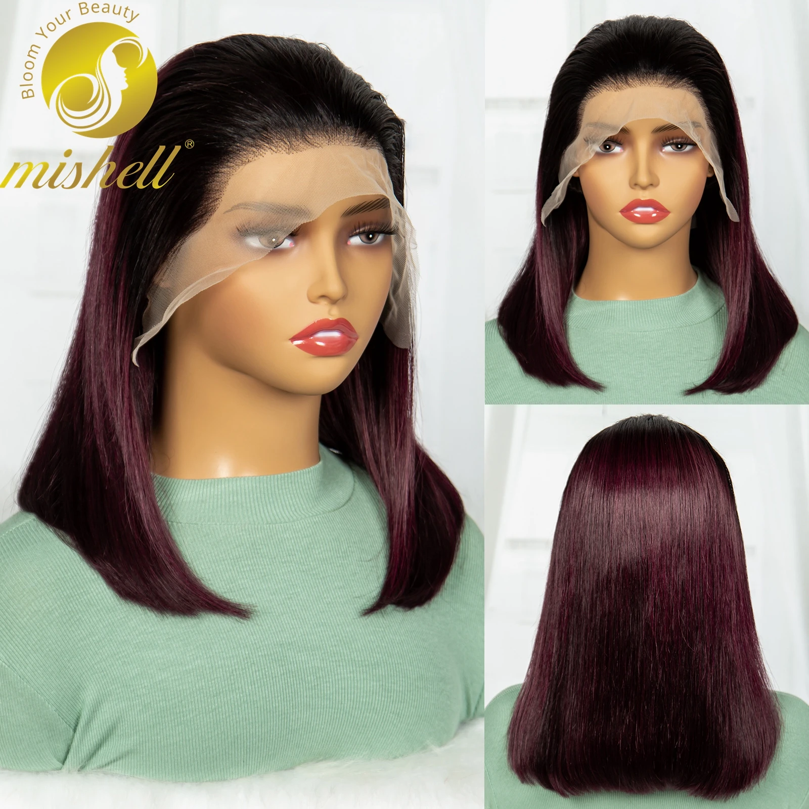 

250% Density T1B-99J Burgundy Short Straight Bob Wigs 13x4 Lace Frontal Wig for Women Brazilian Remy Human Hair Colored Bob Wig