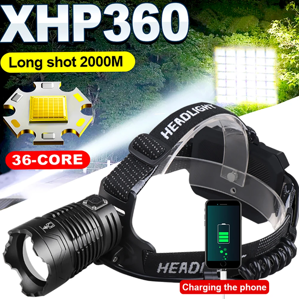 

High Power XHP360 Rechargeable Led Headlamp 36Core Torch Zoom Usb Head Lantern For Camping Outdoor & Emergency shot long 1500m