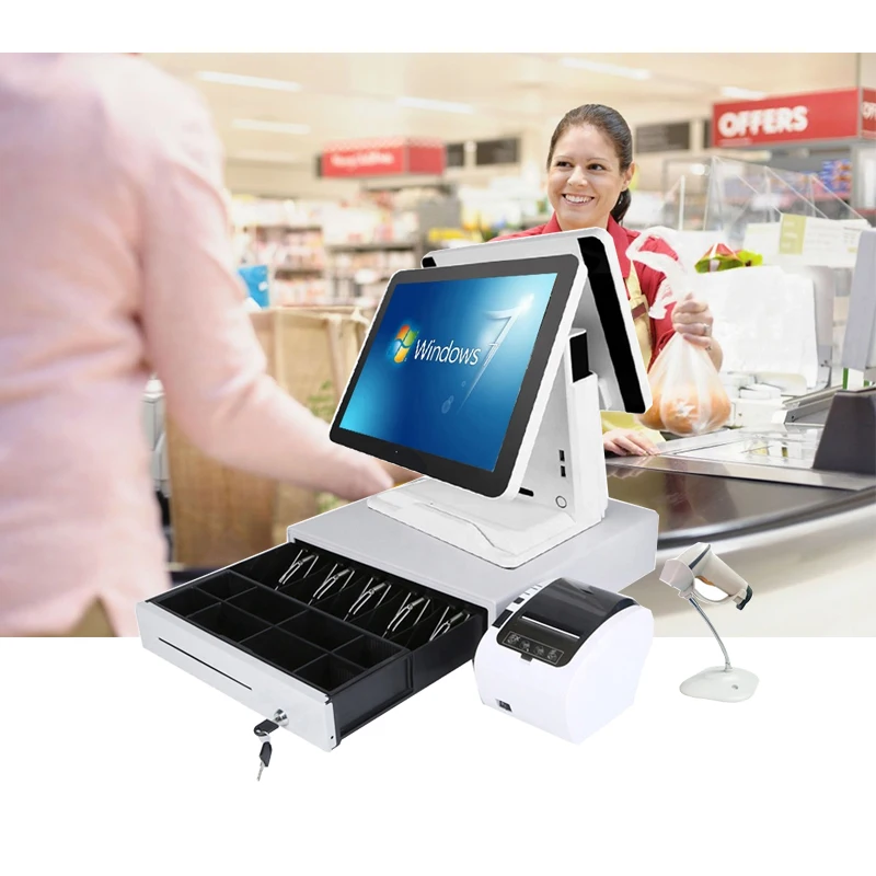 

15 inch pos pc double monitor pos system with barcode scanner 80mm thermal printer 400mm cash drawer