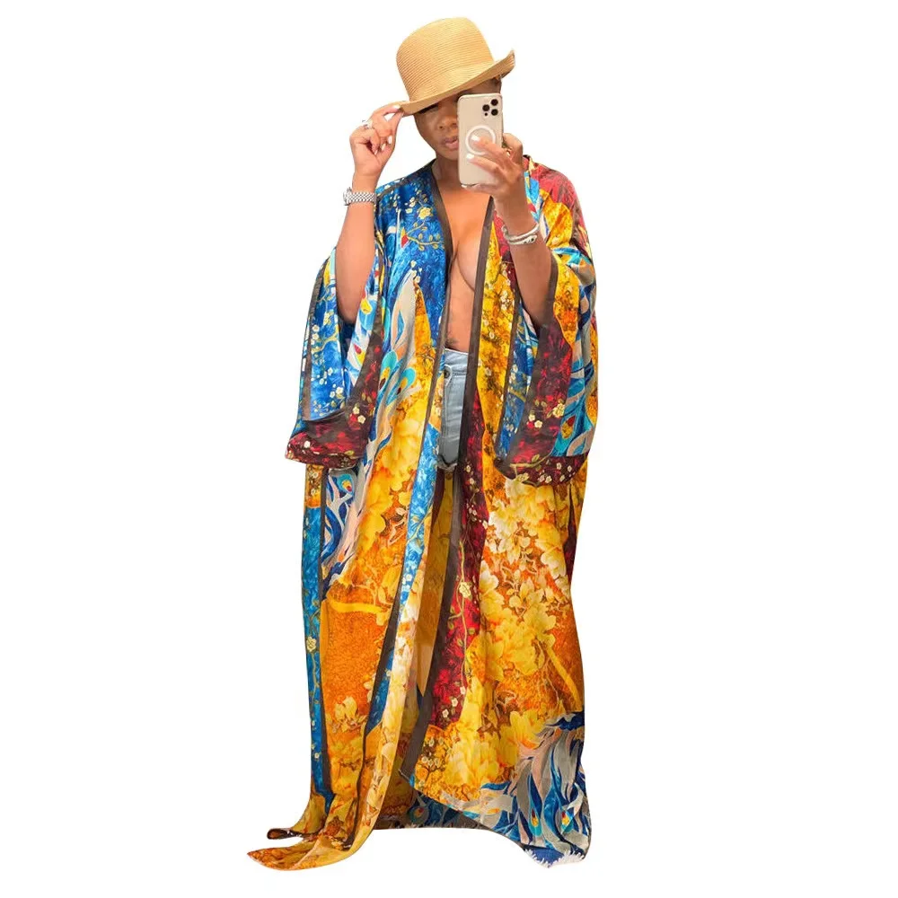 

African Dresses For Women Newest Fashion American Blogger Popular Long Sleeve Silk Kimonos Summer Beach Swimwear Duster Coat