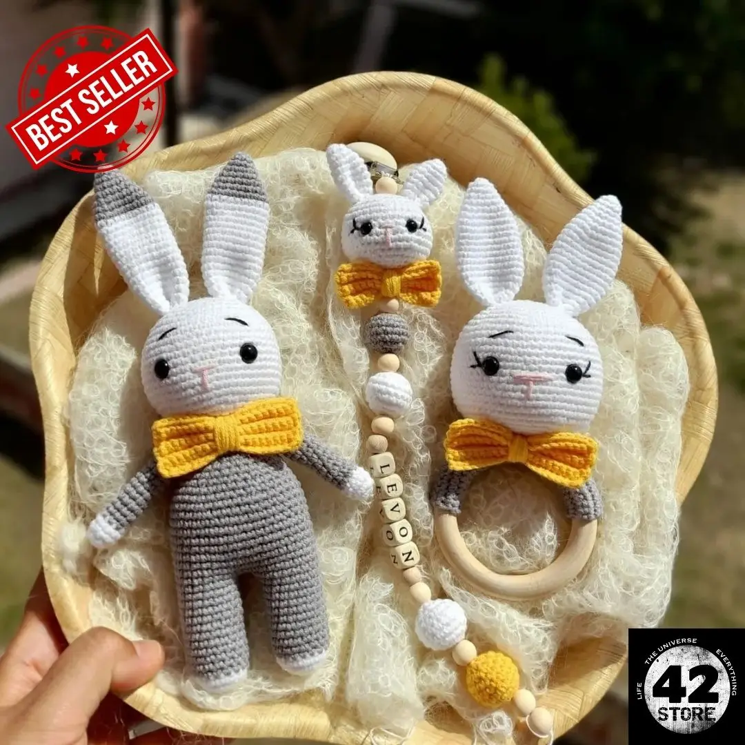 

Amigurumi Gray and Yellow Customizable Name Written Gift Rabbit Pacifier Chain Rattle Sleeping Companion Set