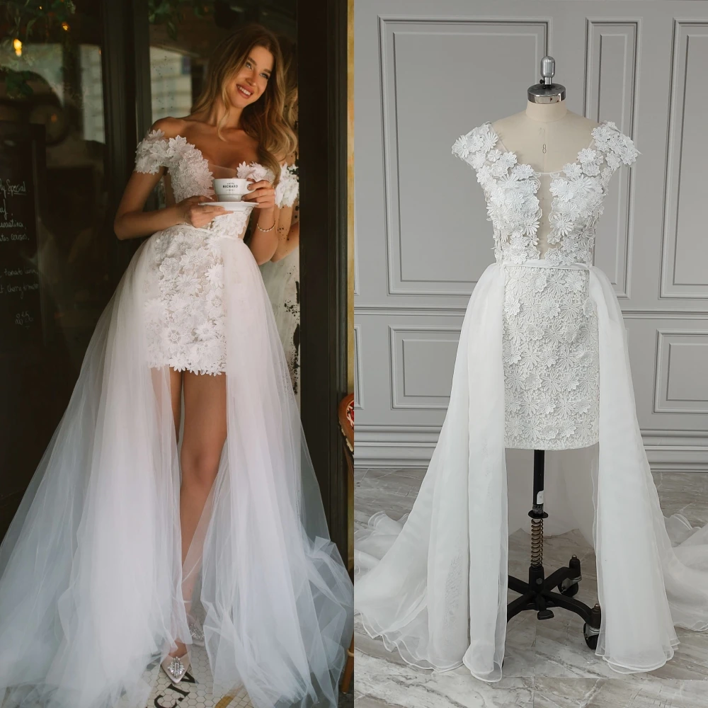 12924# Real Photos Elegant Appliques Flowers Lace Off Shoulder Wedding Dress Boho Bridal Dresses With Detachable Train For Women
12924# Real Photos Elegant Appliques Flowers Lace Off Shoulder Wedding Dress Boho Bridal Dresses With Detachable Train For Women