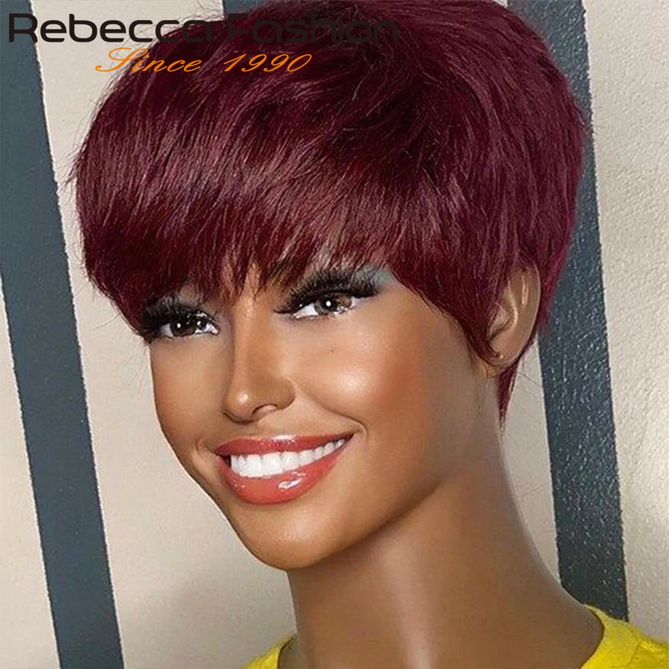 

99J Colored Short Straight Bob Pixie Human Hair Wig With Bangs Fringe For Women Brazilian Remy Hair Burgundy Red Bob Wigs