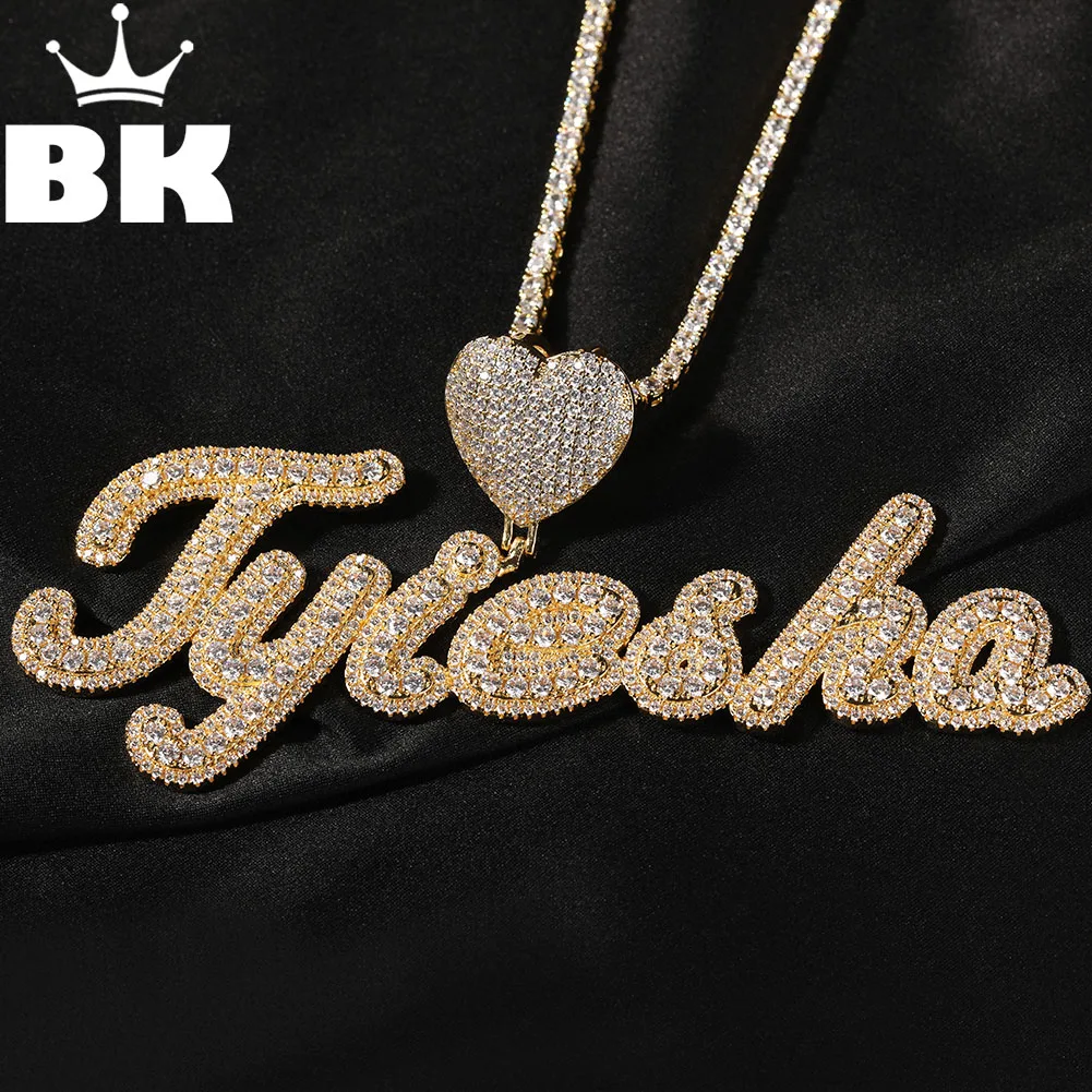 

THE BLING KING Big Custom Name Necklace For Women Cursive Letter Pendant CZ Iced Out Crown/Heart Clasp Lovely Jewelry Lover Gift