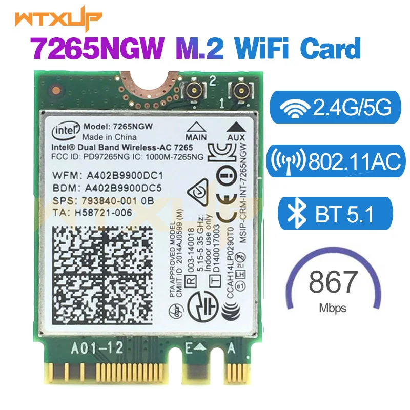 

Wifi 5 Adapter for Intel 7265NGW Dual Band 2.4G 5G Bluetooth 4.2 M.2 Interface Computer Fast Network Card