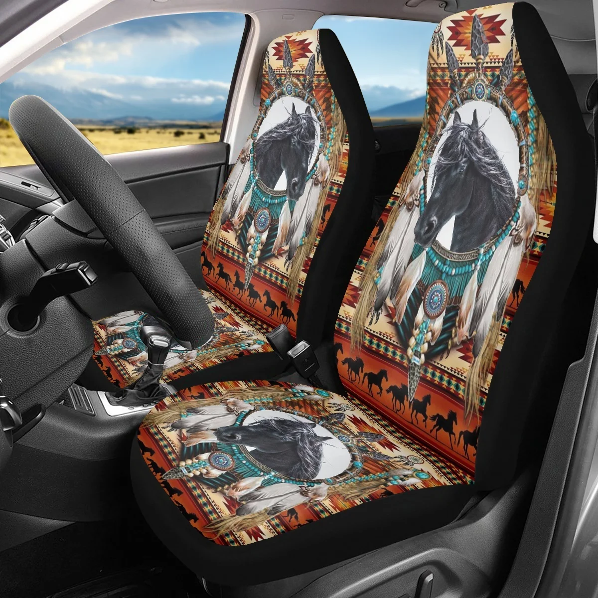 

Tribal Black Horse Aztec Pattern Automobile Seats Protector Cover asy to Install Washable Car Seat Covers Fashion Interior Decor