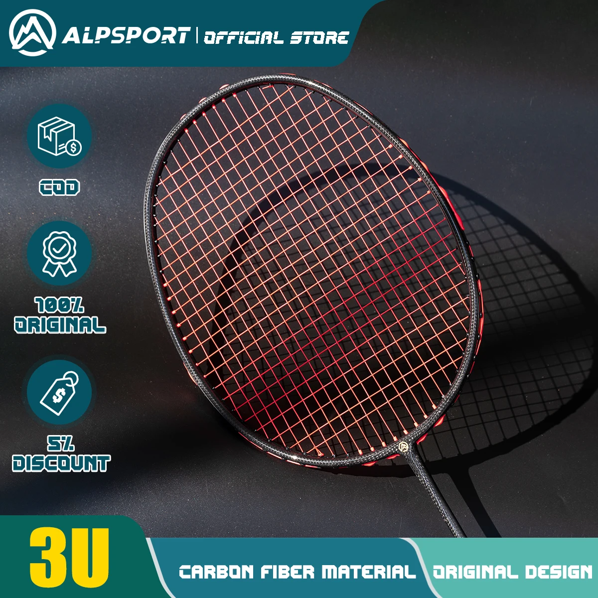 

Alpsport BZTK 3U Offensive 90g T800 Badminton Racket Legal Original Imported Maximum 38 lbs Professional Carbon Fiber