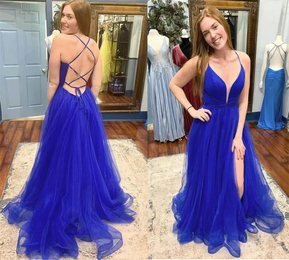 

Royal Blue Sexy Prom Dresses A Line V Neck Criss Cross Backless Tulle Long Evening Party Gowns Split Slit Front Formal Guest 202