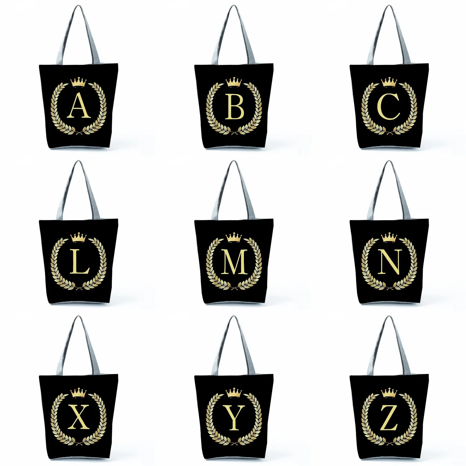 

Black Initial Letter Crown Print Women's Shoulder Bag Custom Name Women Travel Storage Bag Large Capacity Handbag Shopping Bag