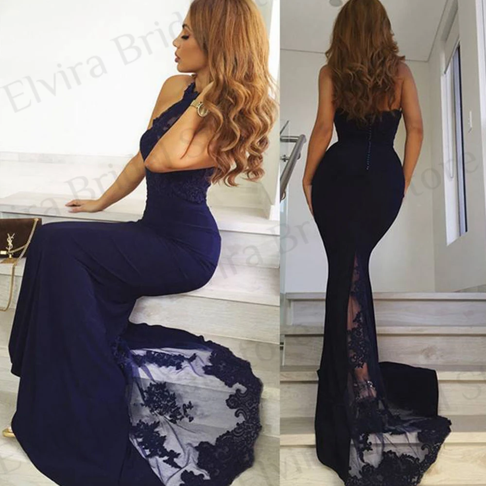 Modern Sexy Halter Evening Dresses Mermaid Sweep Train Applique Lace Backless Sleeveless Navy Blue Special Occasion Guest Gowns
Modern Sexy Halter Evening Dresses Mermaid Sweep Train Applique Lace Backless Sleeveless Navy Blue Special Occasion Guest Gowns