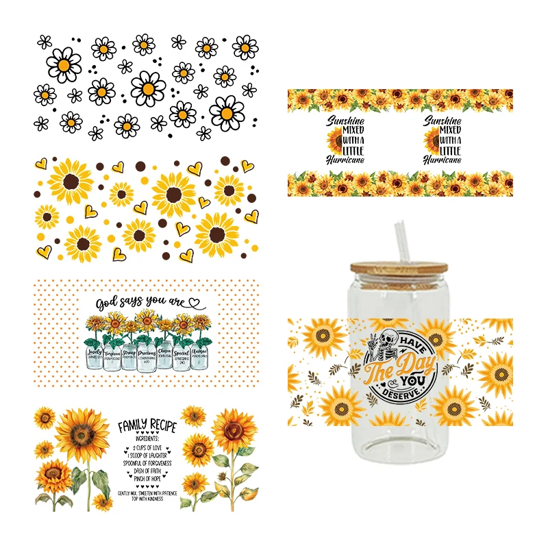 

UV DTF Transfer Sticker Flowers Sunflower For The 16oz Libbey Glasses Wraps Bottles Cup Can DIY Waterproof Custom Decals D9406