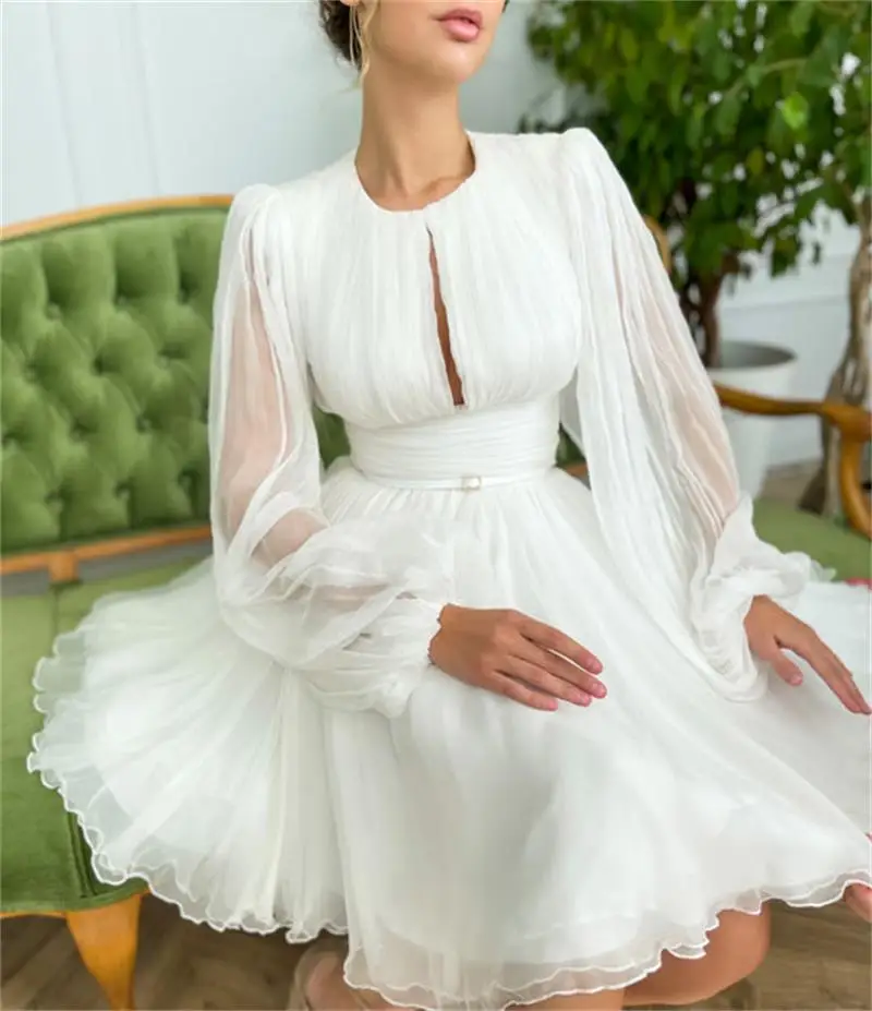 A-line Jewel Neck Long Sleeves White Prom Dresses Short Pleated Empire Party Gowns
A-line Jewel Neck Long Sleeves White Prom Dresses Short Pleated Empire Party Gowns