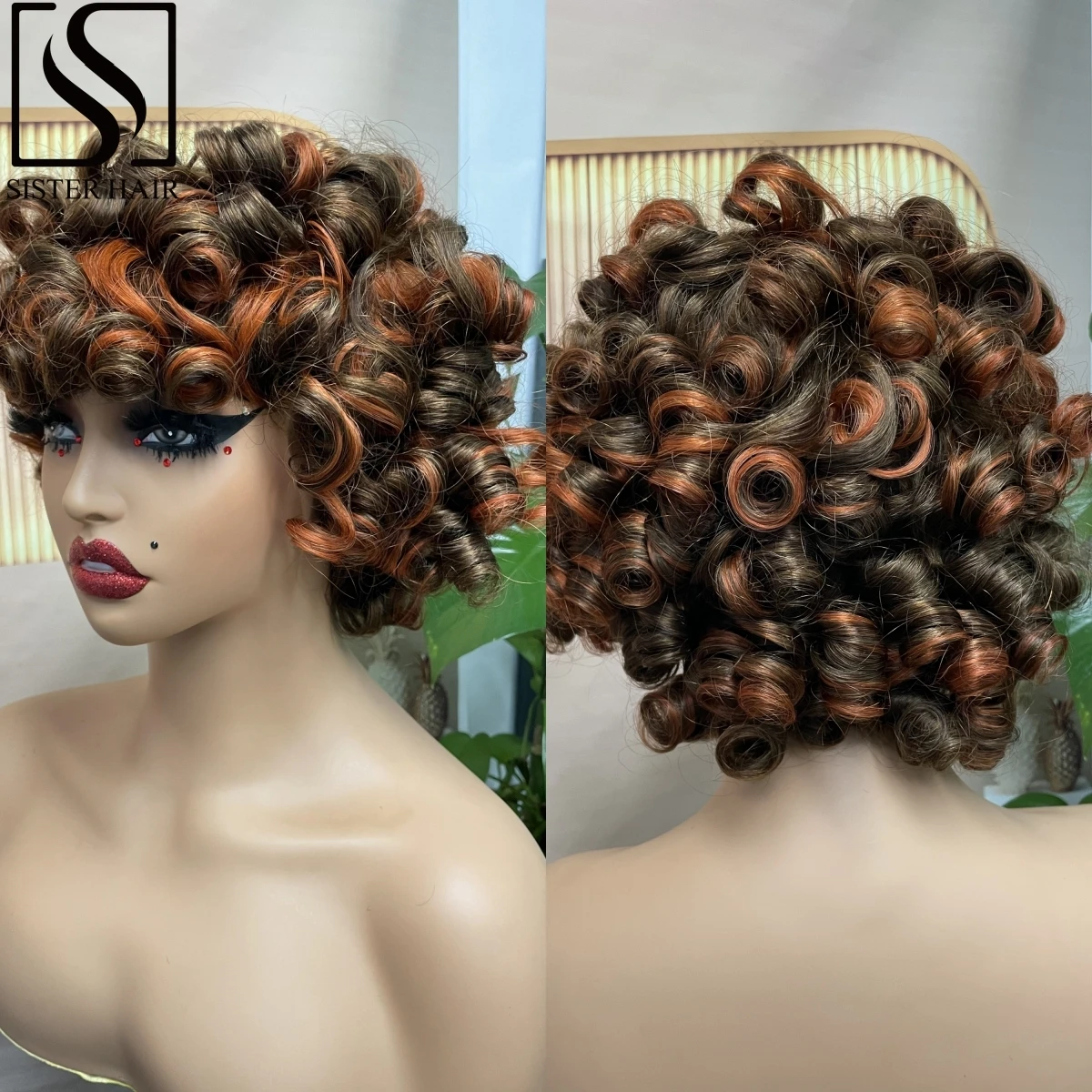 

Short Afro Kinky Curly Human Hair Wig With Bangs 4/350 Colored Bouncy Curly 200% Density Full Machine Made Wigs for Black Women
