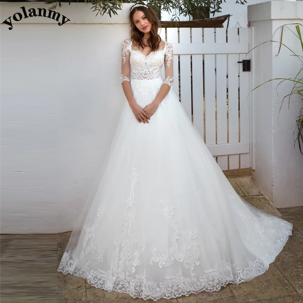 

YOLANMY Bohemian Wedding Dress Long Three Quarter Sleeve Illusion Appliques Lace Pockets Floor-Length Engagement Made To Order