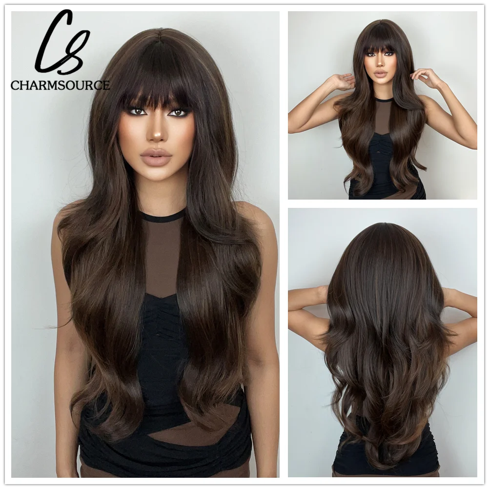

CharmSource Long Brown Ombre Wigs Wavy Synthetic Hair Wigs Layered with Bang Women Daily Party Heat Resistant Fibers