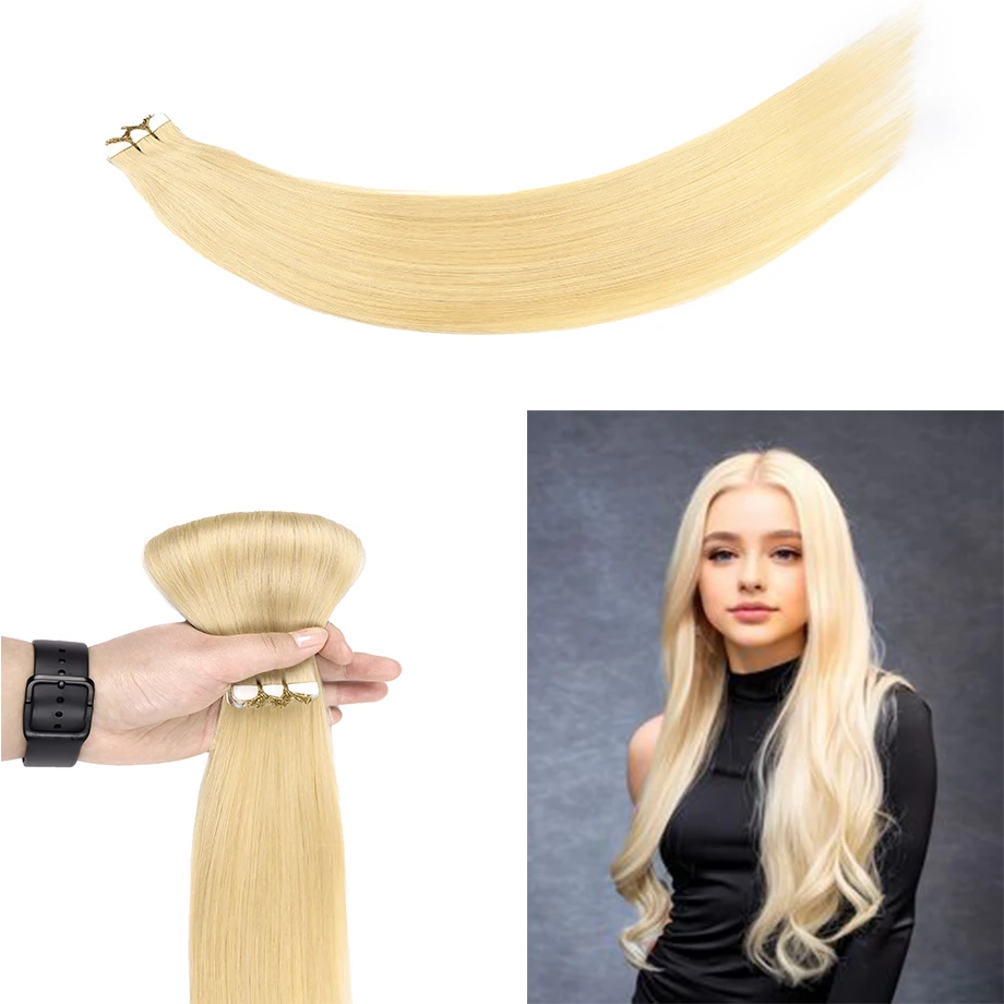 

Tape In Human Hair Extension 18inch #613 Golden Silky Real Straight Natural Seamless Invisible Skin Weft Adhesive Hair Extension