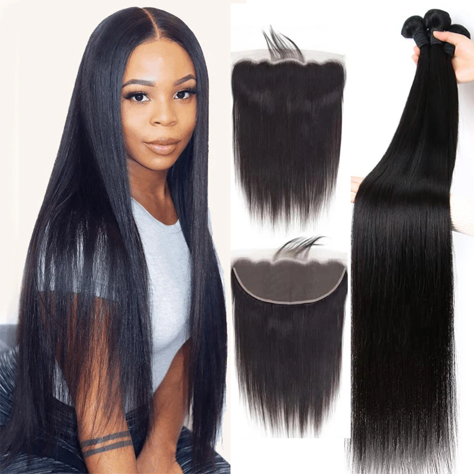 

Brazilian Human Hair Bundles with Closure Straight 3 Bundles with 13x4 HD Lace Closure 100% Unprocessed Virgin Quick Weave Hair