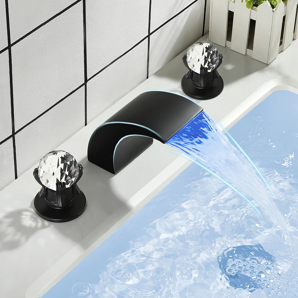 

SKOWLL LED Black Basin Faucet Bathroom Waterfall Deck Mount Tub Faucet 2 Crystal Handle Vanity Mixer Tap, Matte Black