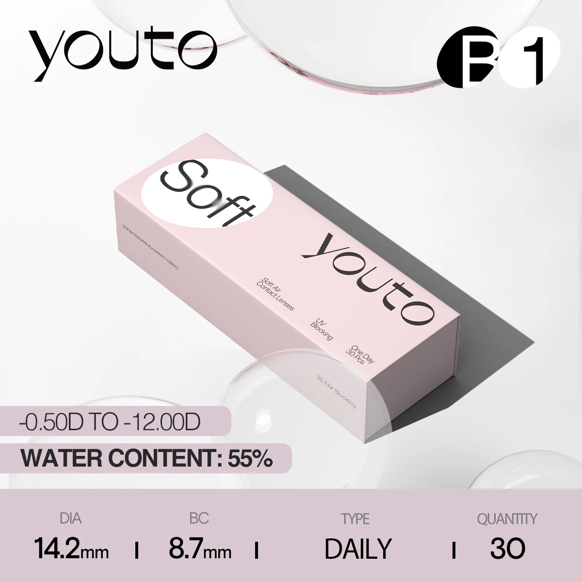 

Youto Soft Air Daily Soft Contact Lenses, 30/60/90/120 Pieces, BC 8.7 mm, DIA 14.2 mm, 55% Moisture, Center thickness 0.08mm