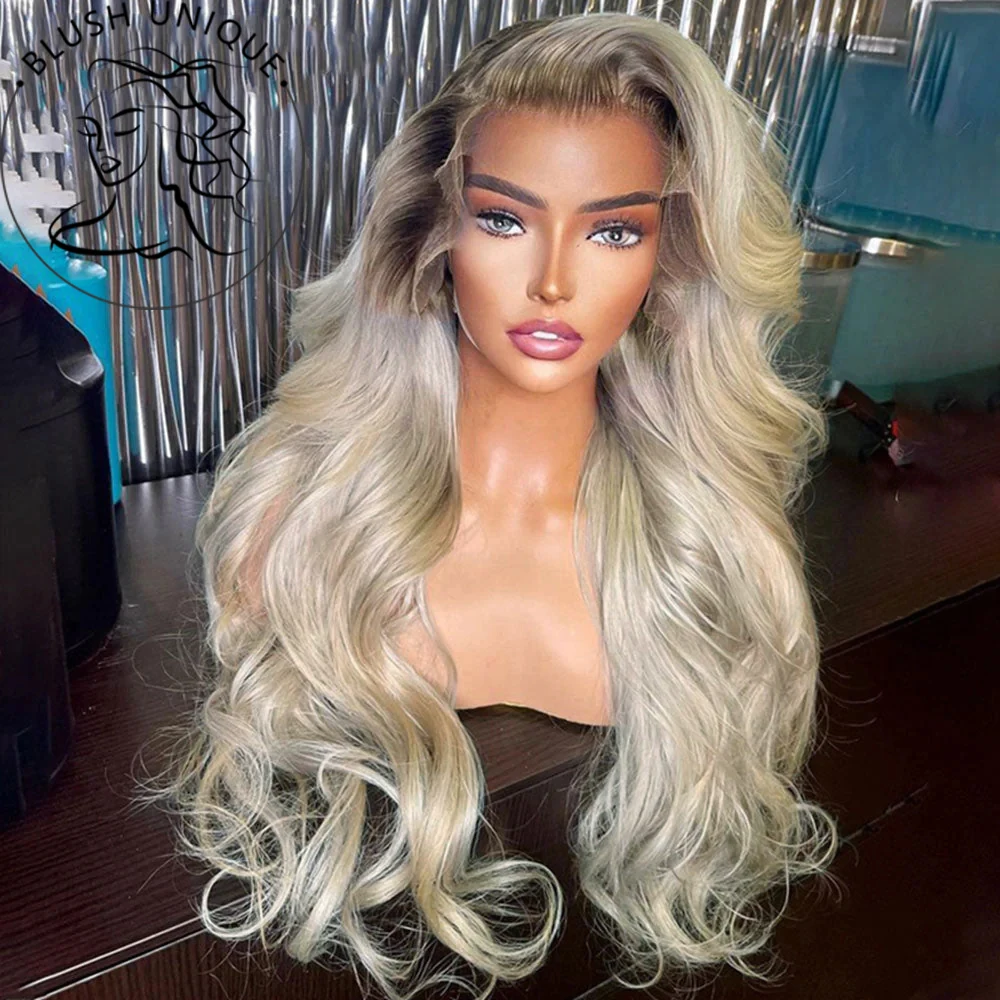 

13x4 Ash Blonde Body Wave Lace Front Wigs Synthetic Ombre Blonde With Dark Roots 613 Lace Frontal Wig For Women Glueless Wigs