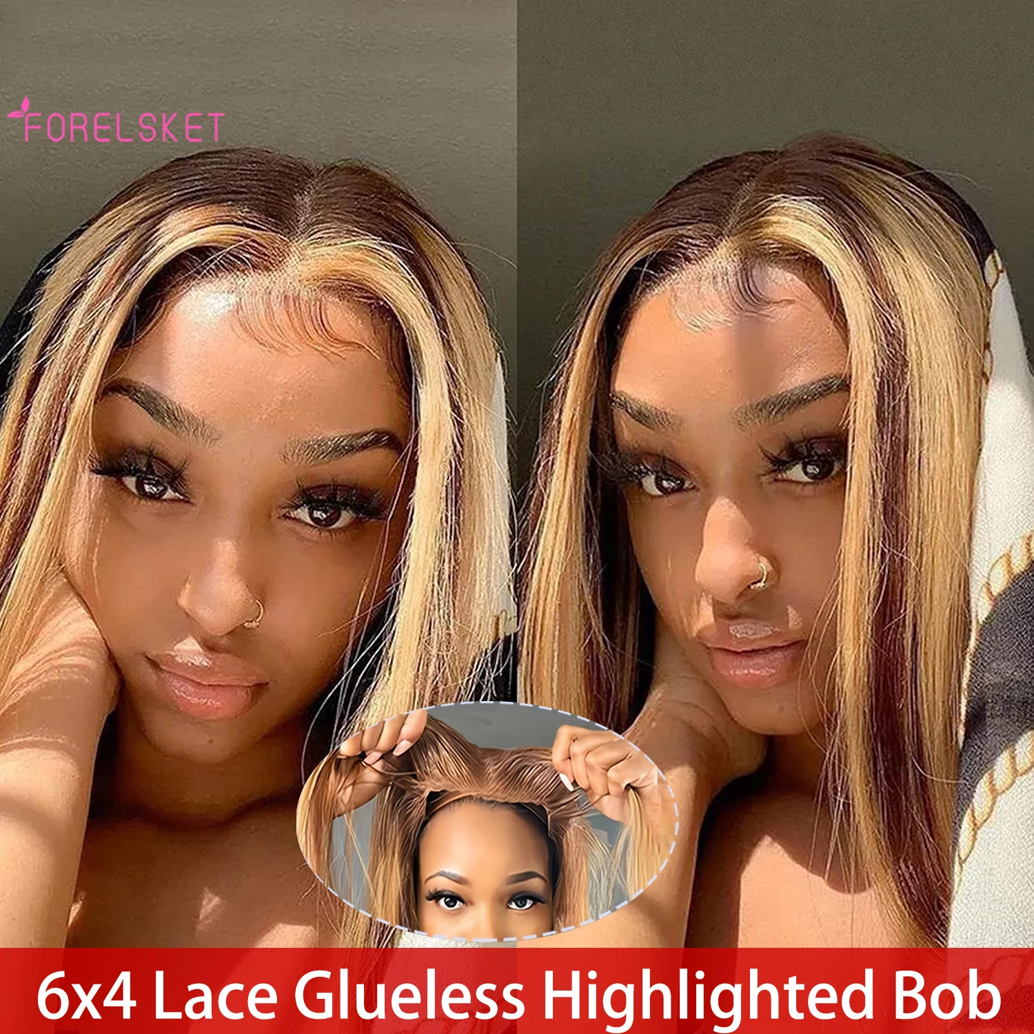 

Highlight Ombre Bob Wig Human Hair Straight 4/27 Honey Blonde Bob Lace Front Wigs Human Hair 12 Inch 6X4 Glueless Bob Wigs 12A