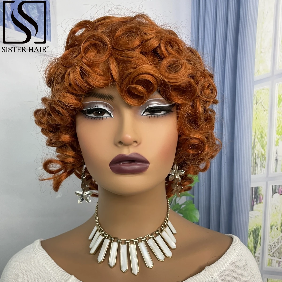 

250% Density 350 Ginger Orange Human Hair Wig with Bangs Afro Kinky Curly Full Machine Made Wigs Bouncy Curly Brazilian Remy