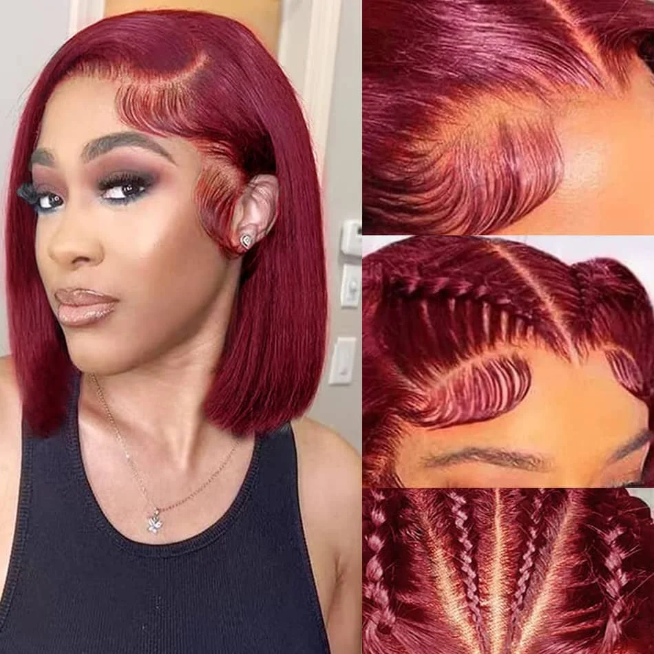 

180% Density 99J Burgundy Short Bob Wig Human Hair 13X4 Lace Frontal Wigs For Women Natural Color Lace Front Bob Wig Pre Plucked