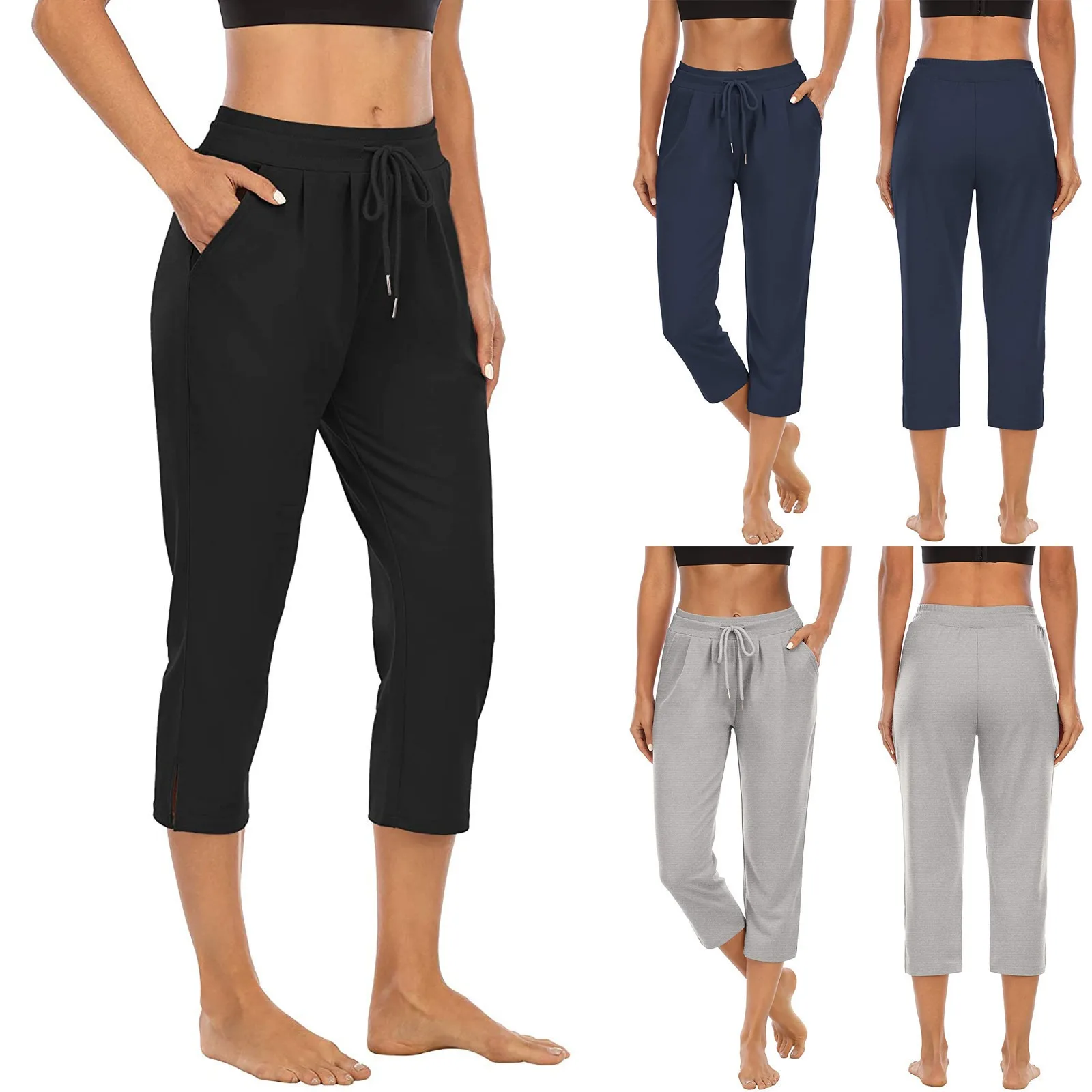 

Summer Pants For Women 2024 Solid High Waisted Lace Up With Pocket Yoga Sport Cropped Pants Female Casual Joggings Sweatpants