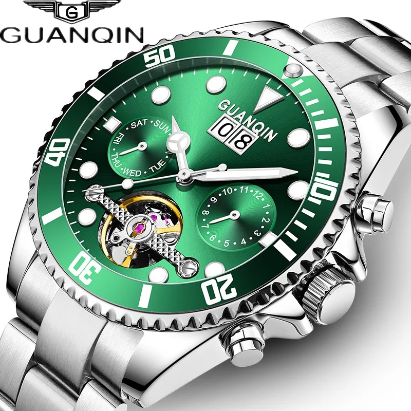 

GUANQIN Mens SS316 Steel Automatic Self-wind Skeleton Wristwatch Sapphire Crystal Flywheel Mechanical Date Week Male Hour Clock