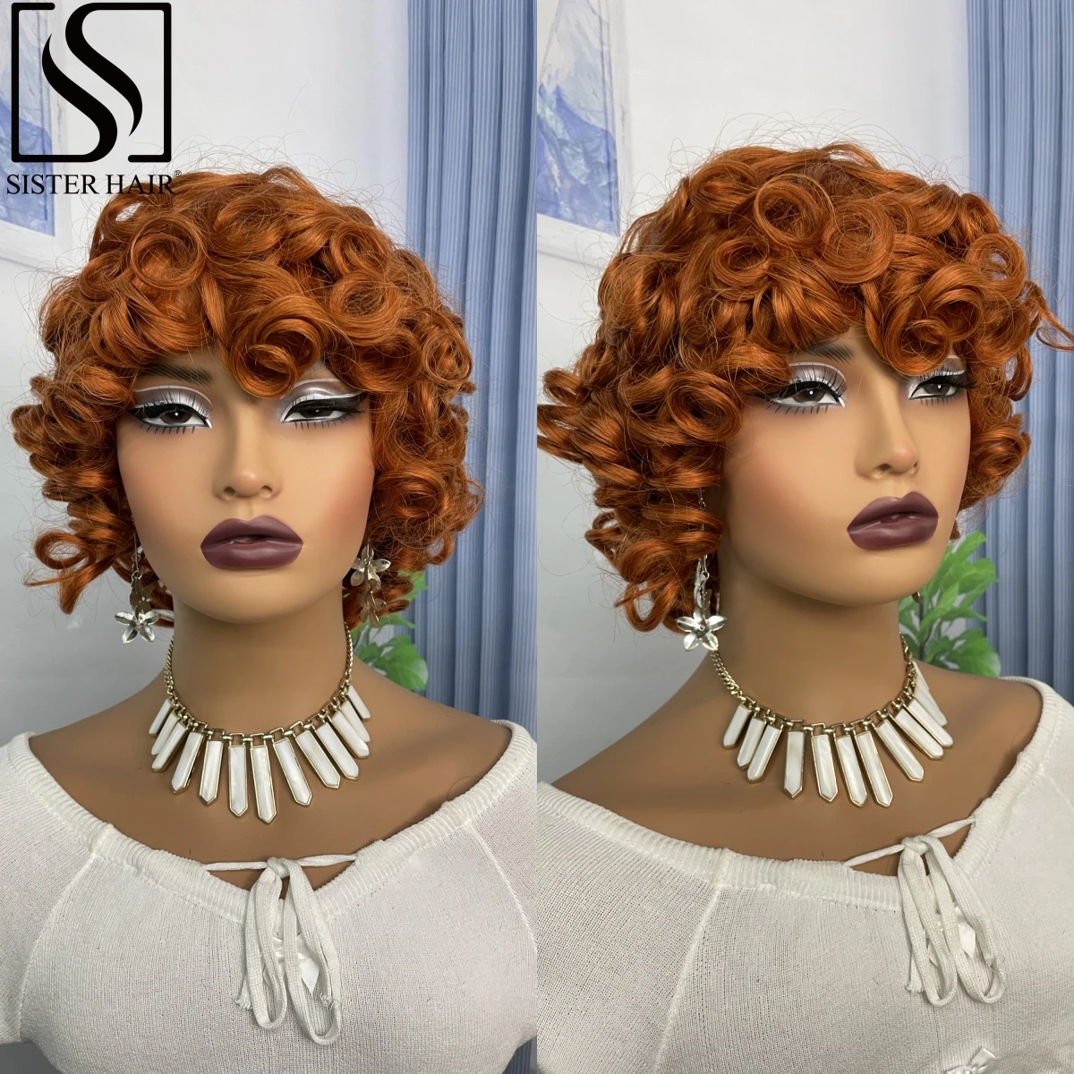 

350 Ginger Orange 250% Density Human Hair Wig with Bangs Afro Kinky Curly Full Machine Made Wigs Bouncy Curly Brazilian Remy