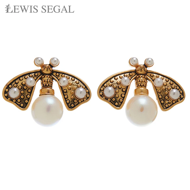 

LEWIS SEGAL Vintage Bee Pearl Stud Earrings for Women Independent Girl Luxury Medieval Style Fine Jewelry 18K Gold Plated