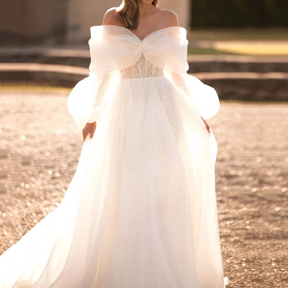 Elegant Tulle Illusion A-Line Wedding Dresses Off The Shoulder Bride Gowns Lace Sweetheart Neck Dress Vestidos De Novia
Elegant Tulle Illusion A-Line Wedding Dresses Off The Shoulder Bride Gowns Lace Sweetheart Neck Dress Vestidos De Novia