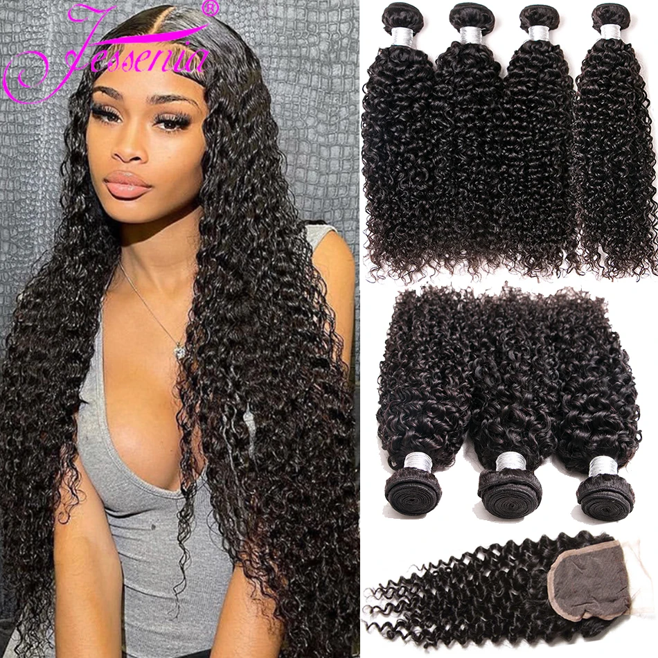 

12A Brazilian Virgin 100% Unprocessed Human Hair Kinky Curly Bundles With Closure Jerry Curl 3 Bundles With Top 4*4 Closure Deep