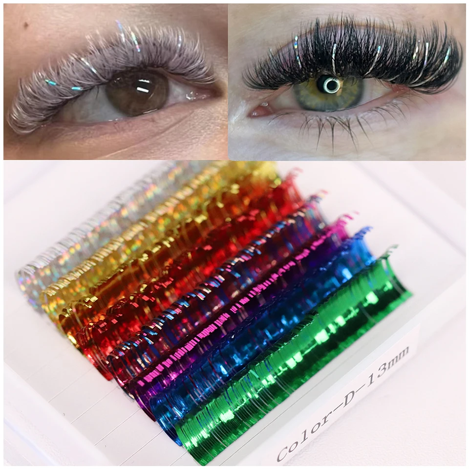 

New Fashion Shiny Colorful Lashes Individual Holographic Tinsel Eyelash Extension Lashes Mix Colors Insel Eyelashes Party Makeup