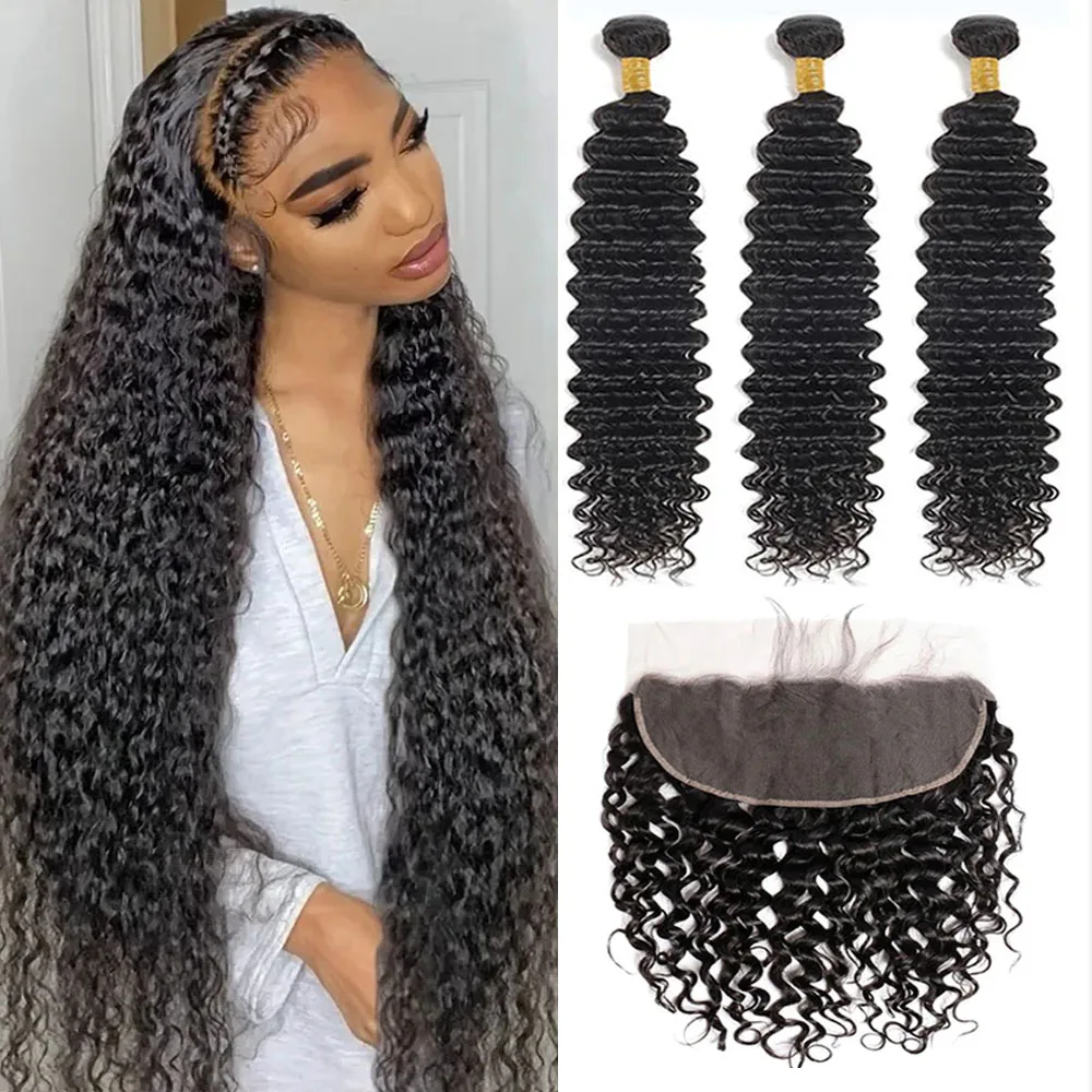 

Deep Wave Curly Bundles With Frontal 13x4 Closure Wet and Wavy Unprocessed Brazilian Curly Human Hair Bundles With Lace Frontal