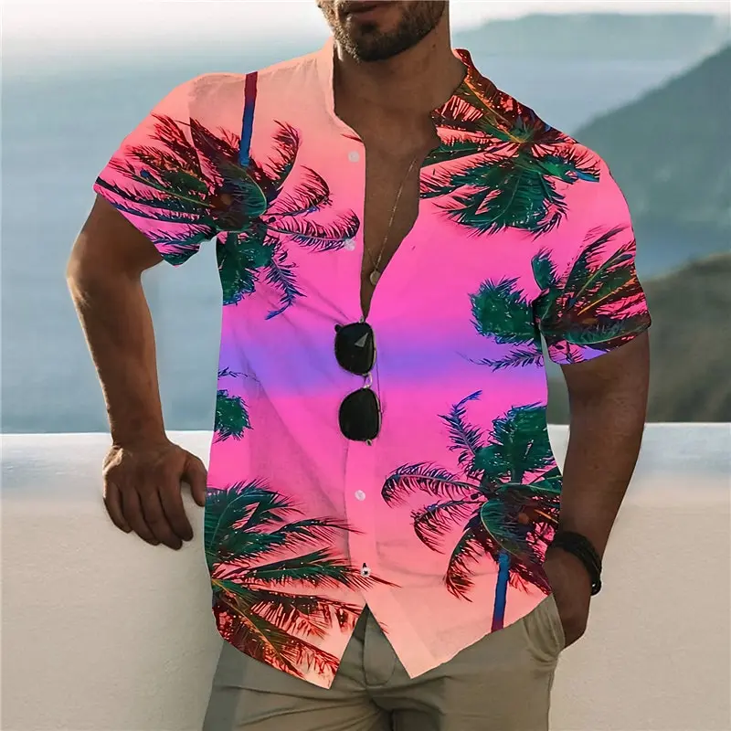 

Мужская рубашка, Гавайская футболка с рисунком, великолепная футболка с воротником-стойкой, ярко-Розовая Желтая Повседневная Уличная футболка с 3D-принтом и короткими рукавами