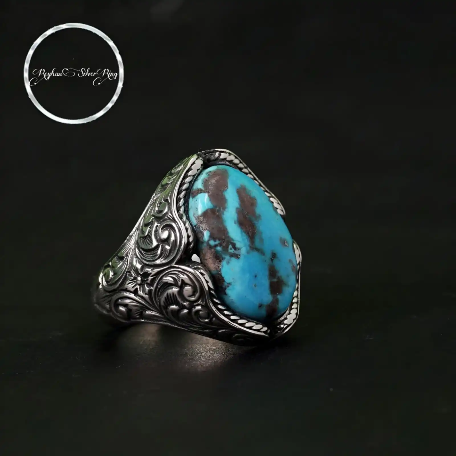 

Handcrafted Engraved Silver Ring With Turquoise Stone, Natural Stone Engraving Patterned Jewelry, Unique Handmade Design