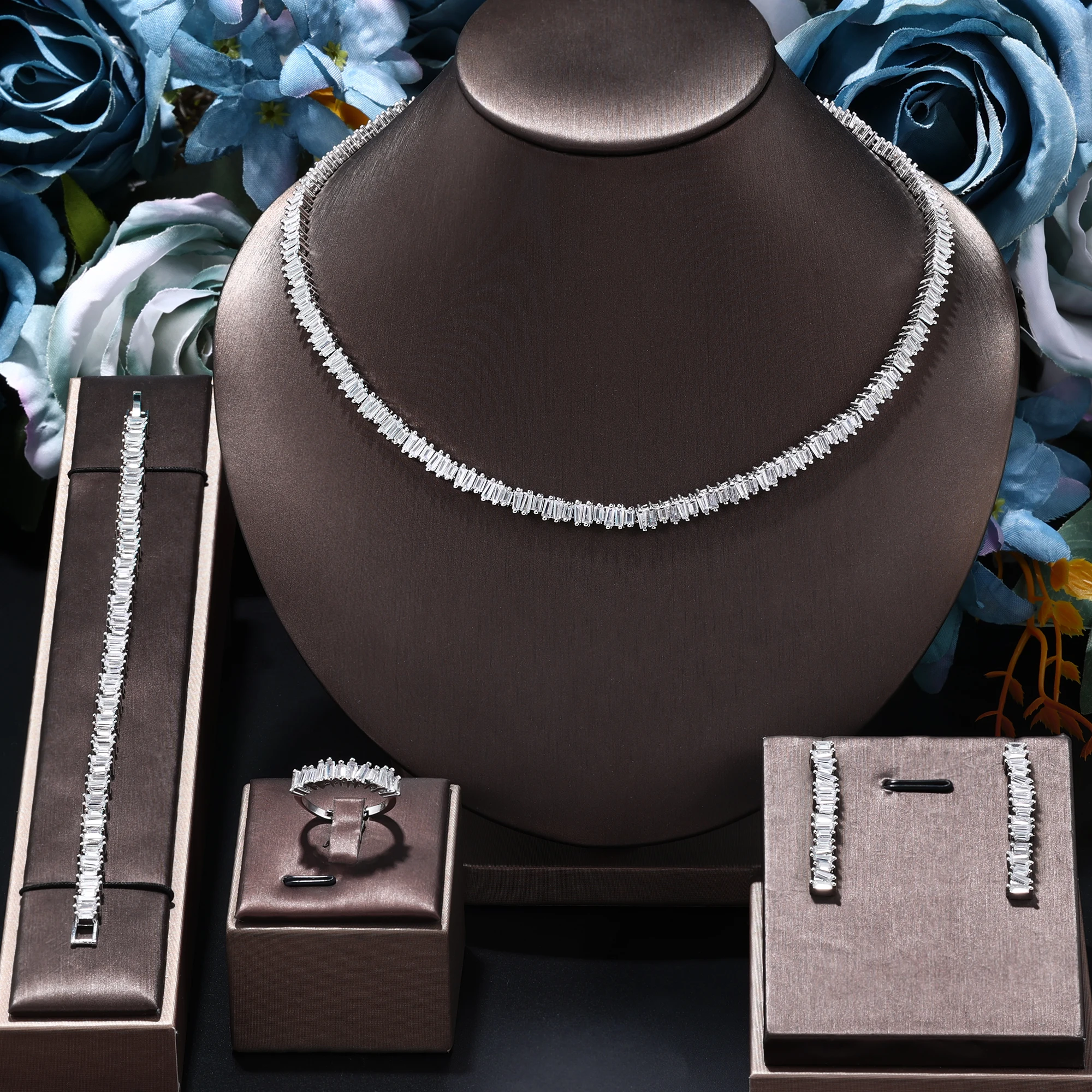 

Elegant Women Wedding Jewellery African CZ Crystal Leaf Drop Bridal Necklace Bracelet and Earrings Jewelry Sets