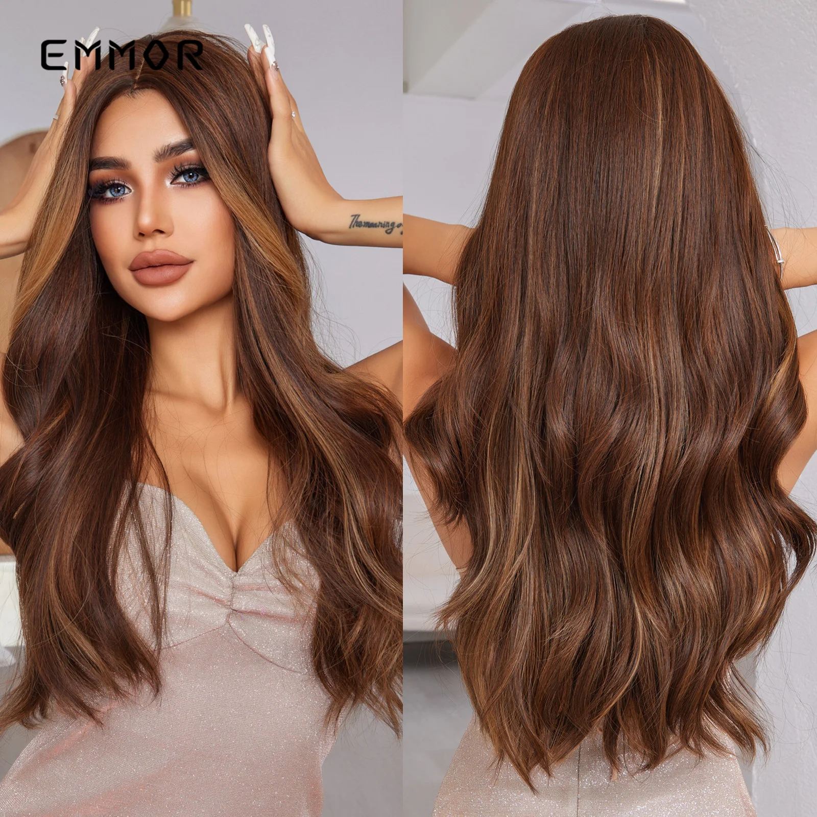 

Synthetic Emmor Curly Wig Ombre Brown Mixed Blonde Wigs for Women Long Wavy with Bangs Natural Party Daily Heat Resistant Hair
